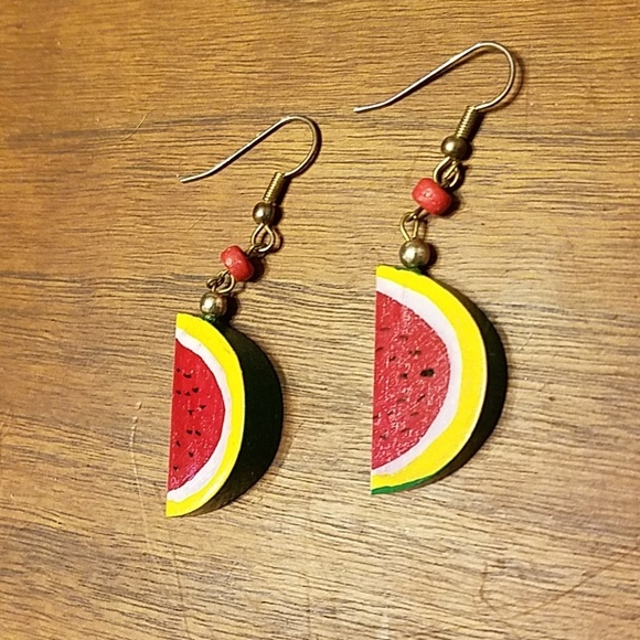 *A Watermelon Earrings Red, Yellow, Green Colors, Like New Condition - Picture 2 of 4